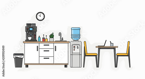 Illustration of a modern office breakroom with a coffee machine, water cooler, and a small work table.