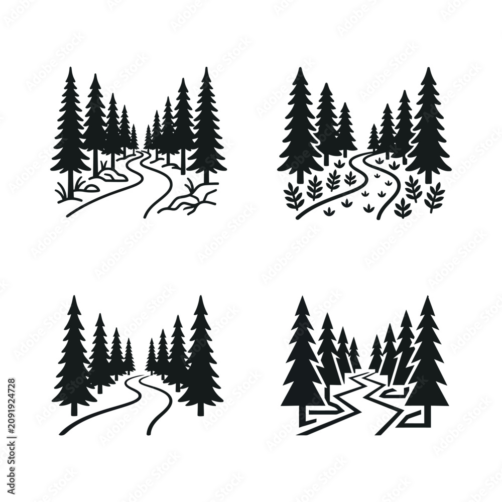 Fototapeta premium Black and White Forest Landscape Vector Illustrations Set