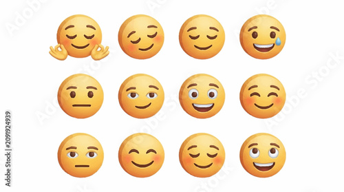 Cuadro en lienzo Collection of twelve colorful emoji faces expressing various emotions