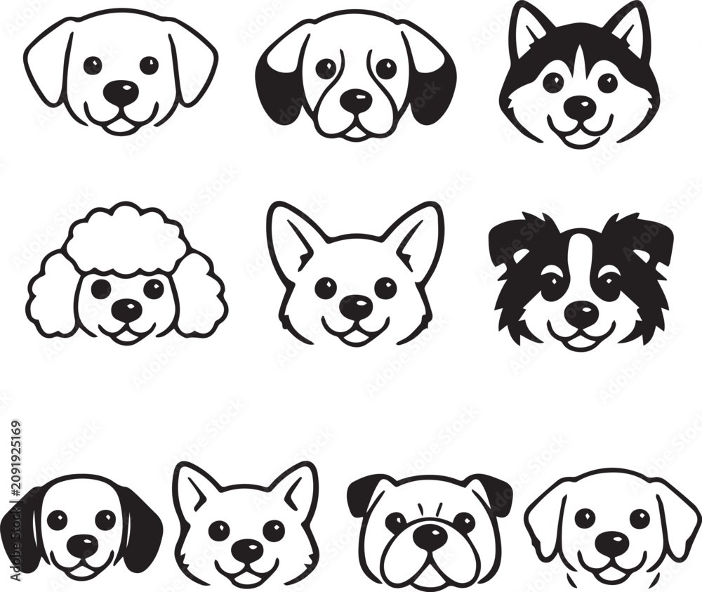Fototapeta premium Web Dog Breed Face Icons Collection – Hand Drawn Cute Puppy Head Vector Set Isolated on White 