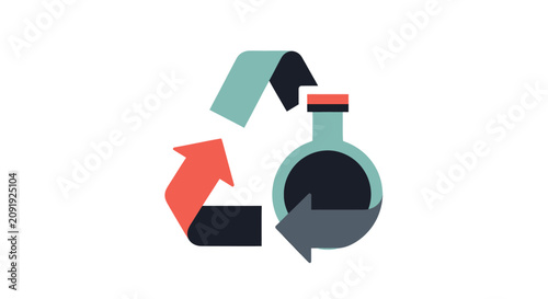 A graphic illustration of a recycling symbol with a bottle or flask inside, representing environmental conservation and waste management.