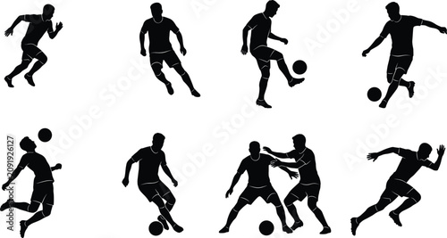 Bild auf Leinwand Soccer Player Silhouette Collection with Dribbling Passing Defending and Footbal