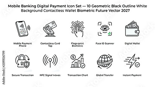 Mobile Banking Digital Payment Icon Set — 
10 Geometric Black Outline White Background 
Contactless Wallet Biometric Future Vector 2027