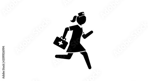 Foto Black silhouette icon of a running nurse carrying a medical first aid kit