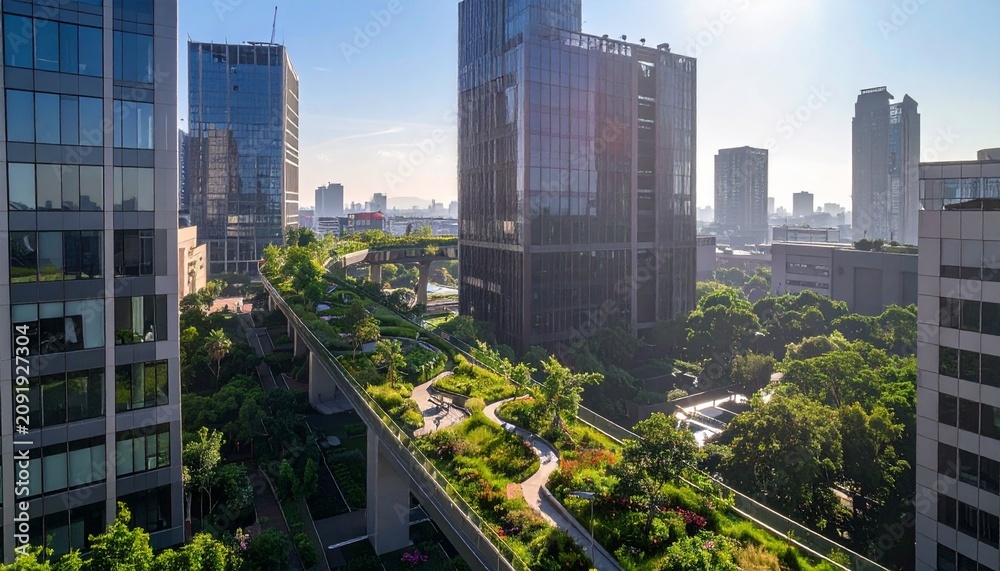 Obraz premium Modern urban cityscape with green park and skyscrapers.