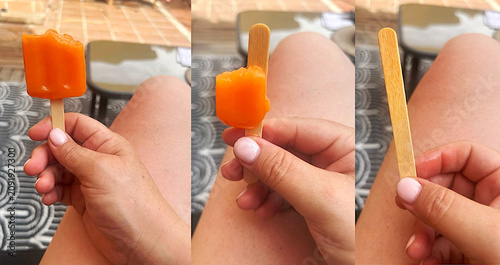 Tableau sur toile Helado de naranja tríptico mordisco polo de palo de madera en mano verano dulce
