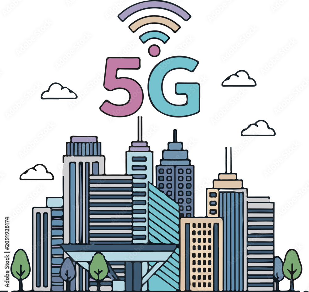 Obraz premium Vibrant cityscape with towering skyscrapers and trees, symbolizing rapid 5g wireless internet connectivity and modern urban development with a cheerful, bright color palette.