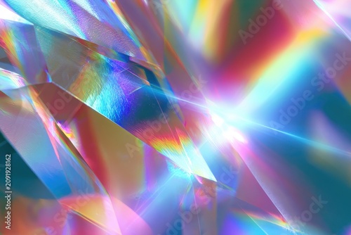 Iridescent crystal shard refracting rainbow light in a sharp macro shot for futuristic tech branding and creative background design