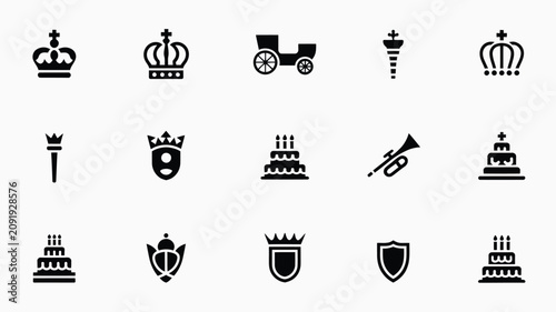 Fotografía Elegant royalty and celebration icon bundle featuring crowns shields musical ins