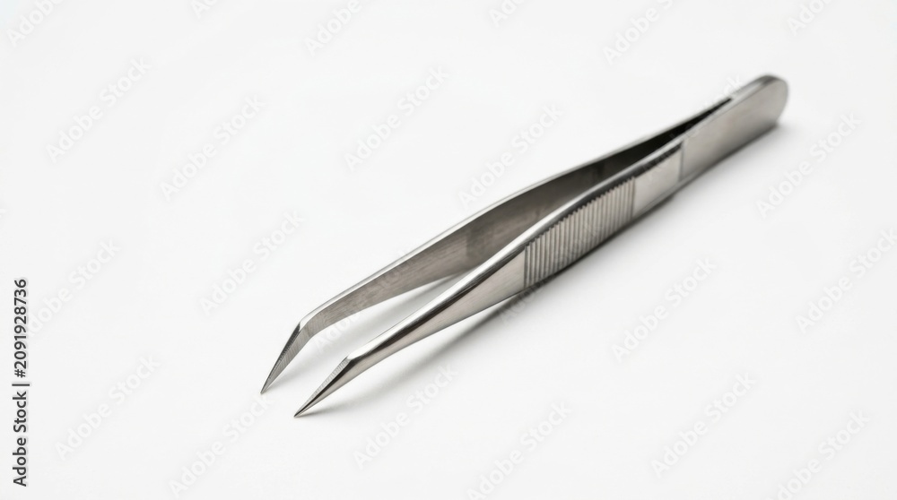 Fototapeta premium Close up view of sharp surgical metal tweezers forceps on a clean white background