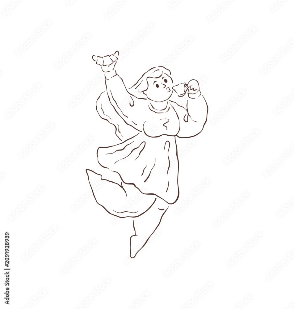Fototapeta premium A dynamic outline of a joyful woman flying with morning coffee and a fresh pastry. For cafe menus, bakery branding, and cheerful lifestyle designs. A whimsical hand drawn vector illustration