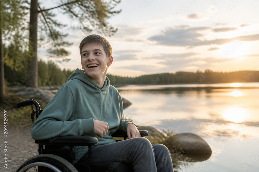 Fototapeta premium A young man in a wheelchair smiles while sitting by a calm lake at sunset.