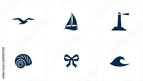 Bild auf Leinwand Elegant coastal and nature themed flat icons set featuring seashell bird sailboa