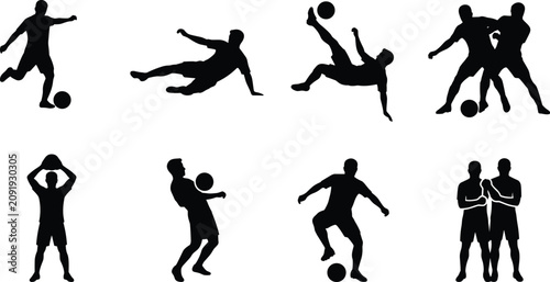 Cuadro en lienzo Soccer Player Silhouette Collection with Football Action Poses and Match Vector