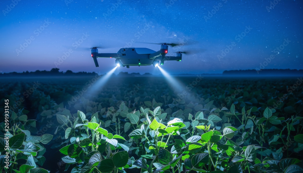 Fototapeta premium Drone illuminating soybean field in twilight
