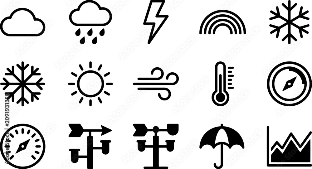 Obraz premium Set of minimalist black weather icons for meteorological design.