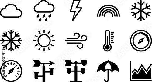 Fotografie Set of minimalist black weather icons for meteorological design.