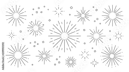 Decorative set of line icon rays and confetti sunshine burst elements featuring abstract sketch vector illustration components for creative graphic design and artistic project backgrounds.