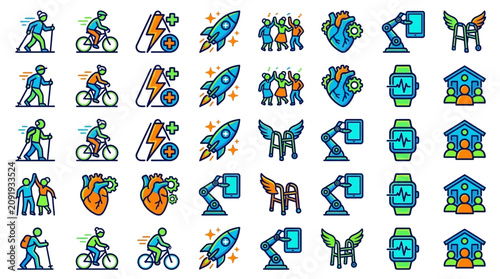 Collection of minimal linear editable stroke icons representing elderly lifestyle featuring senior citizens aged pensioners retired grandparents and professional caregiver support assistance