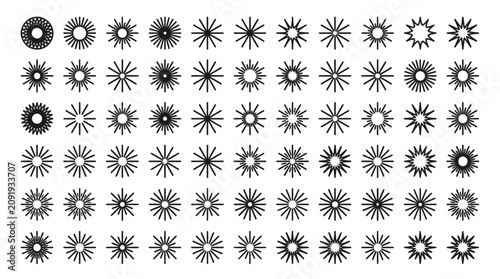 Linear graphic collection of surprise explosion icons featuring radial rays, dynamic comic starburst elements, and pop art bursts isolated on a clean white background vector illustration.