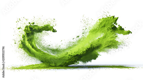 Vibrant green powder splash creating dynamic wave effect against a white background, ideal for creative designs.