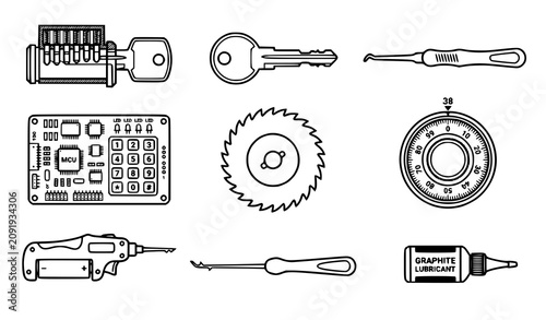 Canvastavla Locksmith Tools and Lock Repair Equipment Icons Set with Lock Cylinder, Picks, S