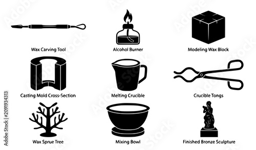 Lost Wax Casting Tools and Bronze Sculpture Equipment Icons Set for Jewelry Making, Metal Casting and Artisan Workshop