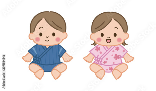甚平を着た男女の赤ちゃんのイラスト