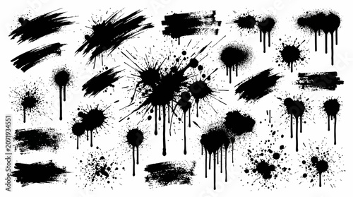 Artistic Collection of Black Grunge Paint Brush Stroke and Ink Splatter Vector Illustration Isolated on White Background for Distressed Texture Design Graphic Element Set