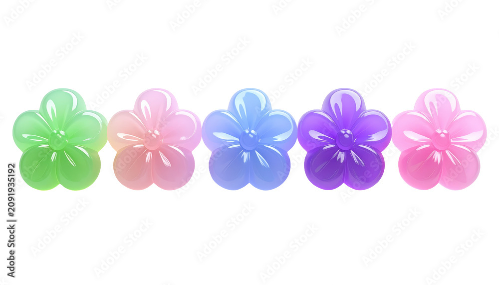 Fototapeta premium PNGMURNI--transparent background Firefly A row of five glossy 3D jelly flower shapes in pastel pink, mint green, lavende