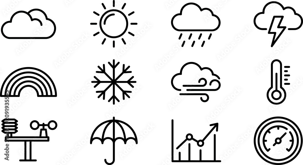 Obraz premium Set of twelve weather and climate related line art icons.