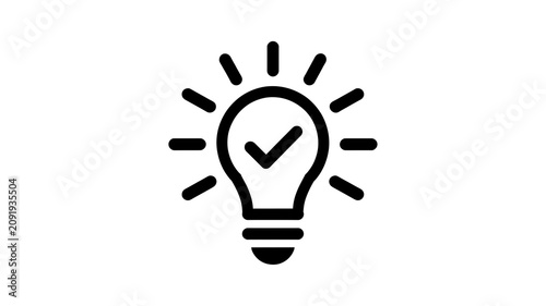 Black lightbulb icon with checkmark, idea concept, creative inspiration, innovation symbol