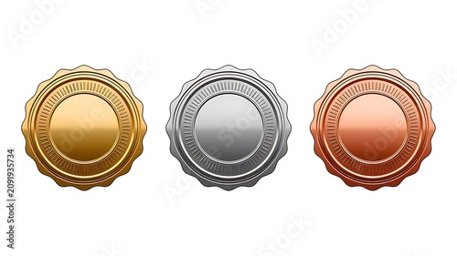 Golden, silver, bronze medal icons, award badges, shiny metal seals, 3D emblems