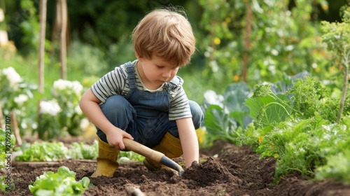 Young Child Engaged in Gardening Activities, Digging Soil with a Small Tool in a Lush Vegetable Garden Surrounded by Fresh Plants and Greenery