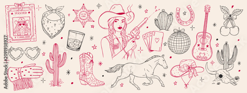 Hand drawn cowgirl whimsical collection. Western girl, wanted poster, boots, horse, disco ball, guitar, playing cards and bull skull. Coquette retro elements. Girly rodeo aesthetic.