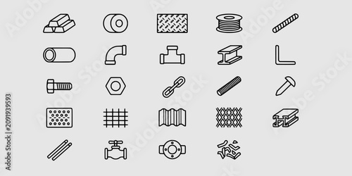 Obraz na płótnie Icon set collection of construction materials, building supply components, industrial structural hardware, and metallic installation hardware icons