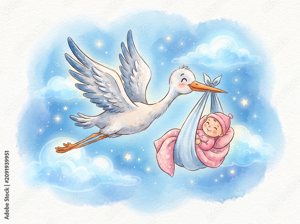 Fototapeta premium A whimsical watercolor illustration of a friendly stork carrying a cute newborn baby wrapped in a soft pink blanket through a magical starry night sky