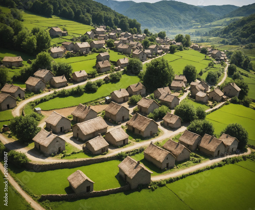The view of a rural village with many rooftop households.