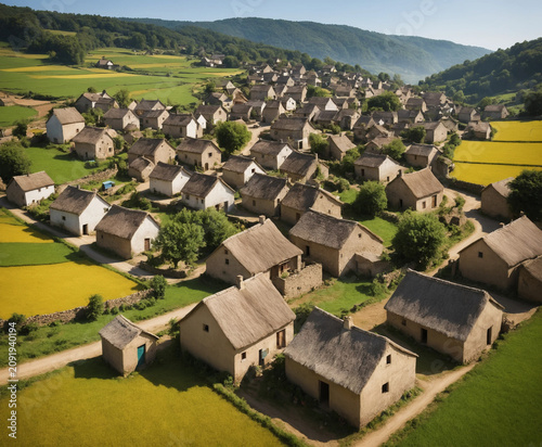 The view of a rural village with many rooftop households.