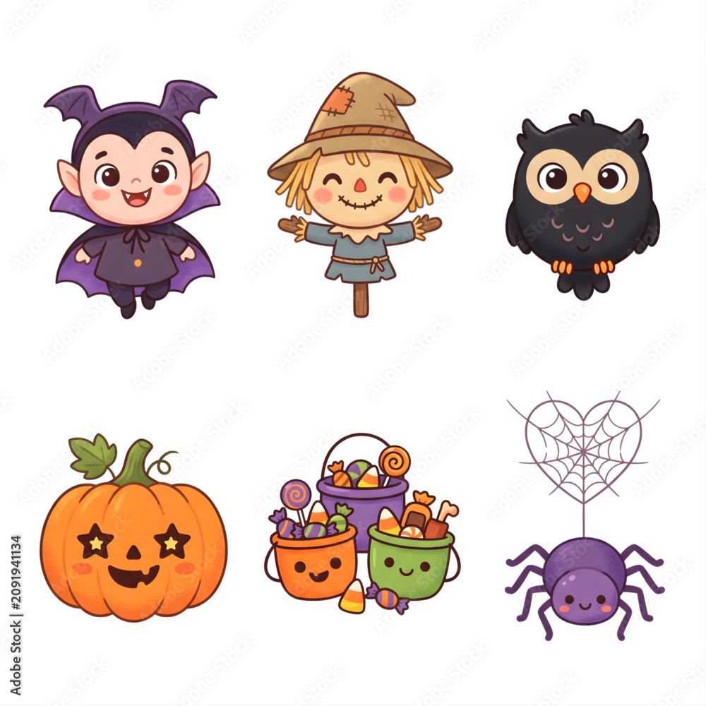 Obraz premium Cute Halloween Character Icon Set with Vampire, Scarecrow, Owl, Pumpkin, Candy Buckets and Spider