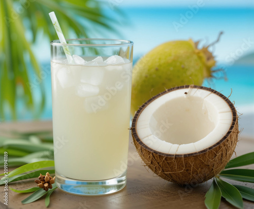 Fresh coconut water straight from the tree, beautifully garnished in a glass.