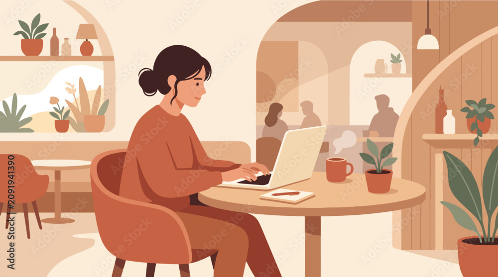 Fototapeta premium Young Woman Working on Laptop Flat Vector Illustration