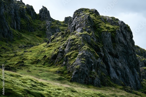 Mossy rock cliff rising from a green highland slope in a moody landscape with sharp focus for travel and nature conservation branding