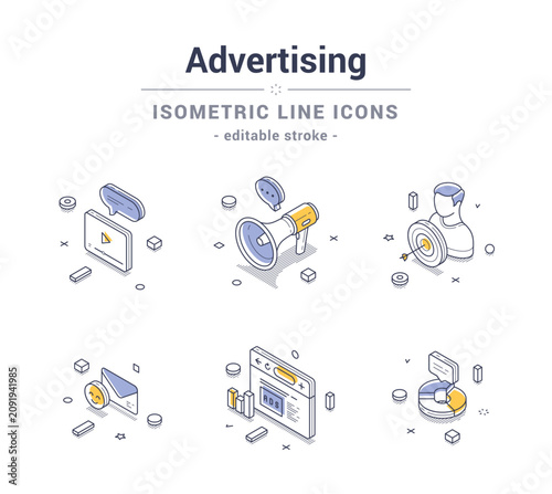 Advertising internet ad digital marketing analyzing line icon set isometric contoured vector illustration. Online promo campaign commercial cyberspace email video content advertisement technology
