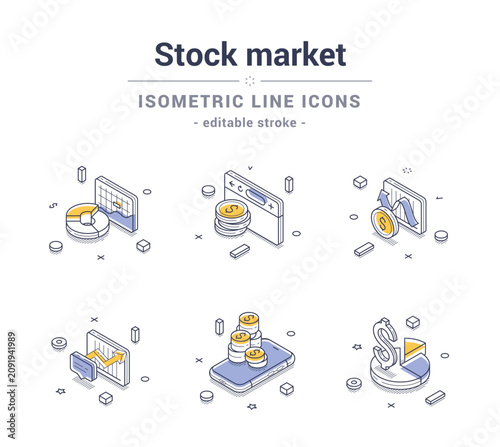 Canvas Print Stock market and exchange currency analyzing line icon set isometric contoured vector illustration
