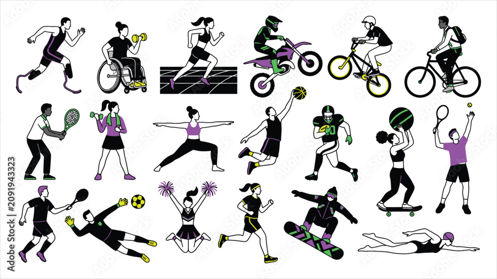 Fototapeta premium Large Vector Set of Diverse Athletes Engaging in Sports, Athletics, and Outdoor Fitness Activities, Minimalist Flat Vector Illustration with Neon Pop Colors