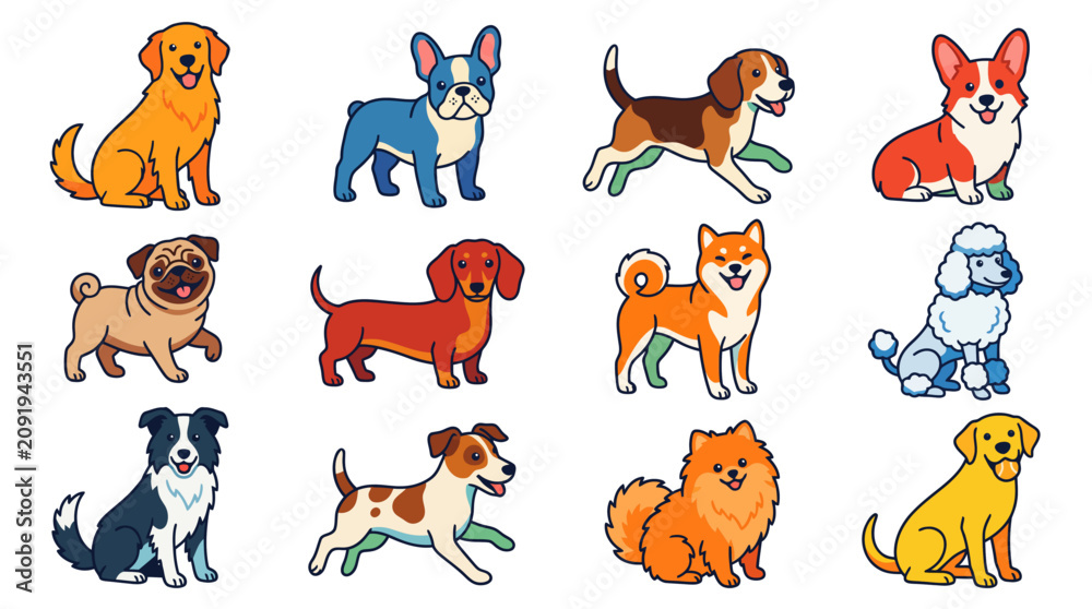 Obraz premium Colorful Cartoon Dog Breeds Sitting and Standing in Flat Vector Illustration Style