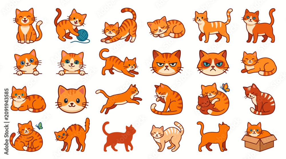 Obraz premium Playful Orange Tabby Cats in Various Poses and Actions Vector Illustration Collection