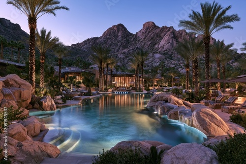 Luxury resort pool glowing at twilight in a desert mountain oasis with palm trees and rock features for hospitality marketing
