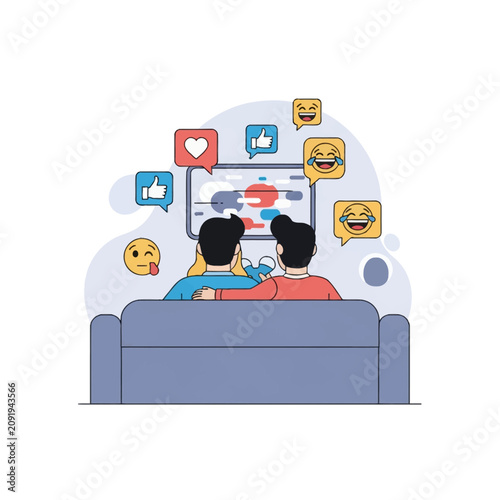 Vector illustration of a couple seen from behind sitting on a blue couch watching a digital screen surrounded by social media reaction bubbles like hearts, likes, and emojis.